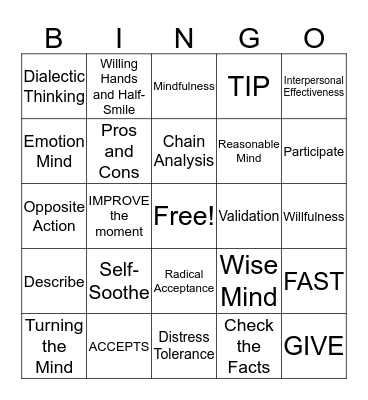 DBT Skills Bingo! Bingo Card