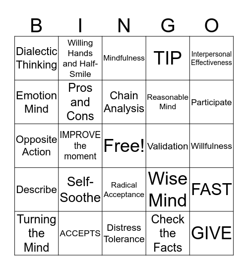 DBT Skills Bingo! Bingo Card