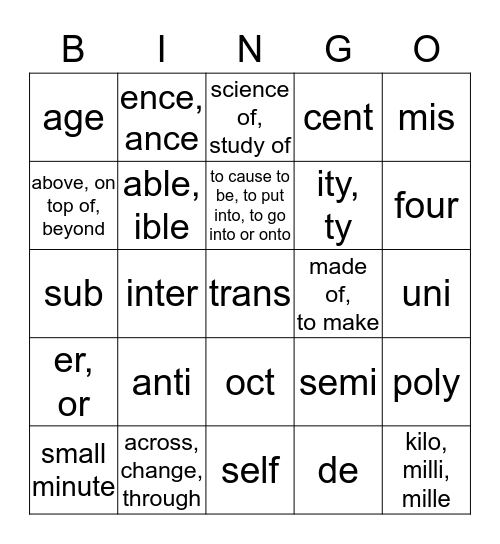 Prefix-Suffix Bingo (2) Bingo Card