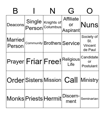 Vocations  Bingo Card