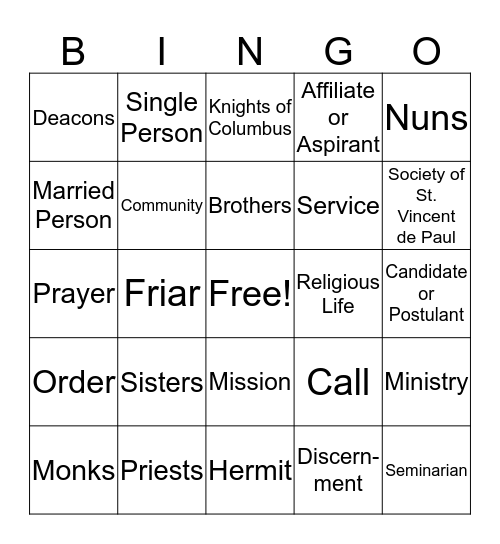 Vocations  Bingo Card