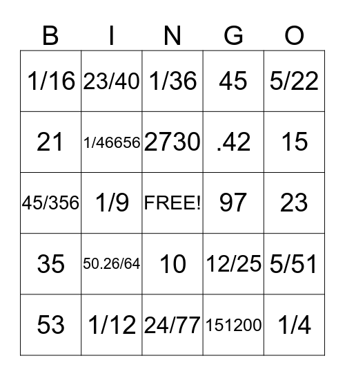 Probability Bingo Card