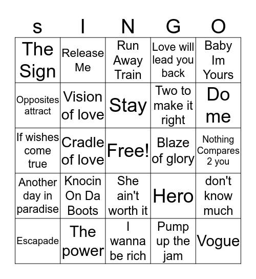 Singo Music Bingo Card