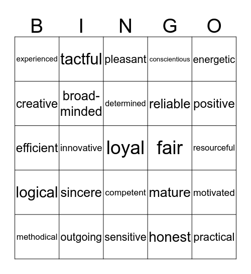 Describing yourself Bingo Card