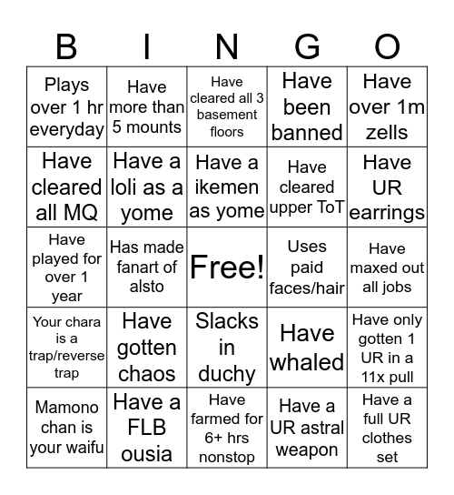 Alchemia story bingo Card