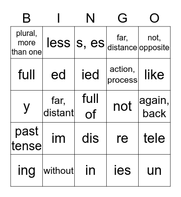 Prefix-Suffix Bingo 123 Bingo Card