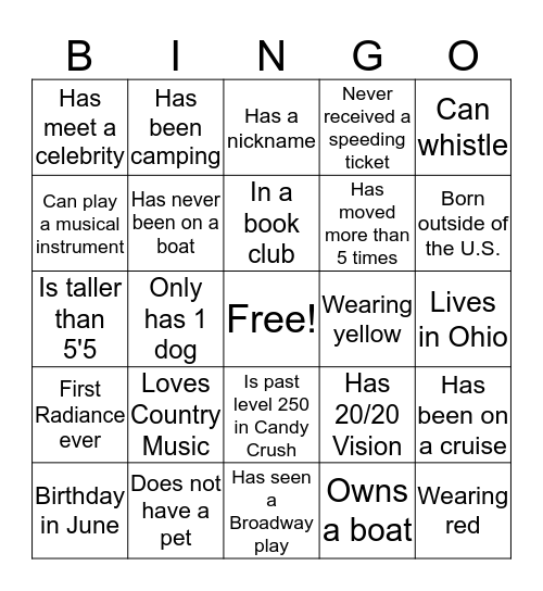 Radiance 2020 Bingo Card