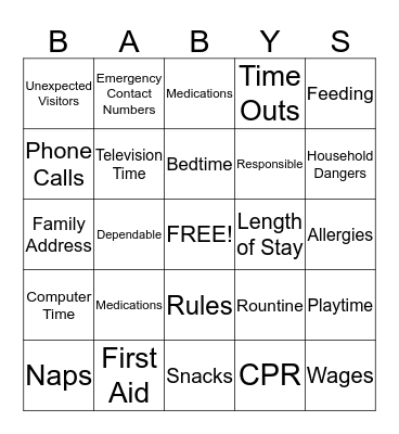 Babysitting Basics Bingo Card