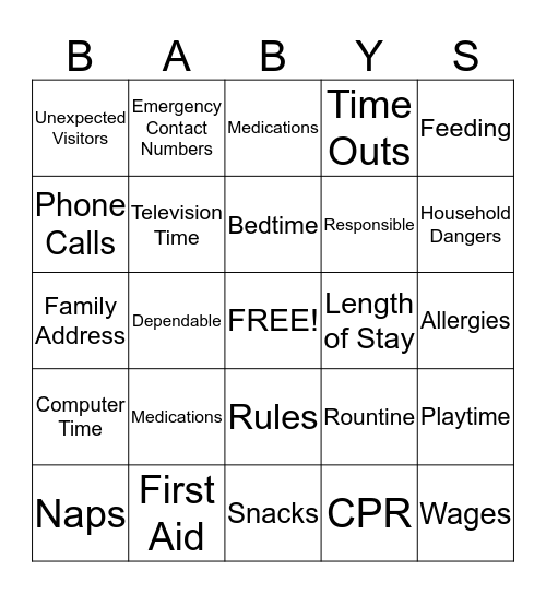 Babysitting Basics Bingo Card