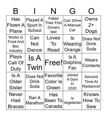 Radiance 2020 Bingo Card