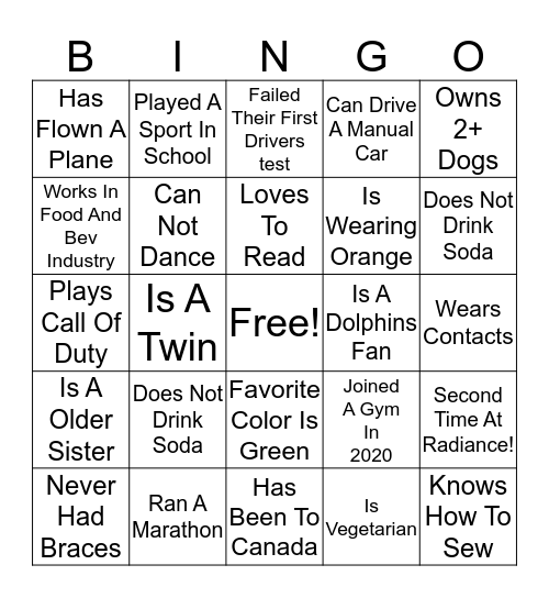 Radiance 2020 Bingo Card