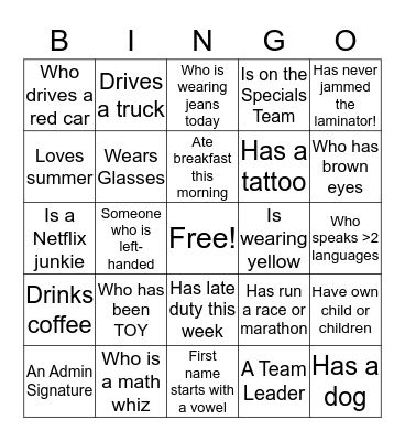 National Fun at Work Day Bingo Card