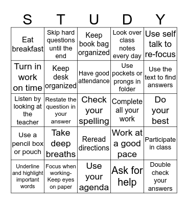 Succeed In School Bingo Card
