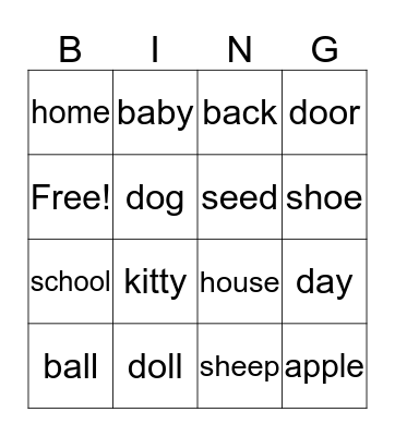 DOLCH NOUNS LISTS 1 & 2 Bingo Card