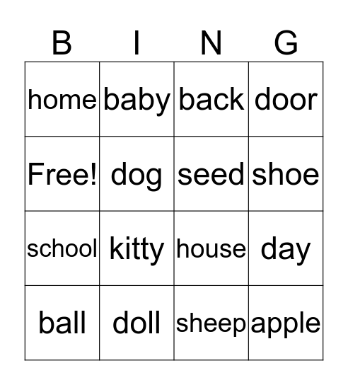 DOLCH NOUNS LISTS 1 & 2 Bingo Card