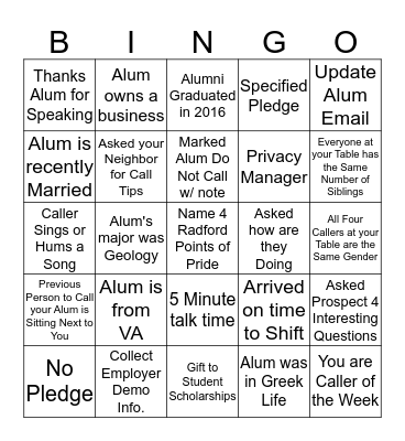 Phonathon Bingo Card