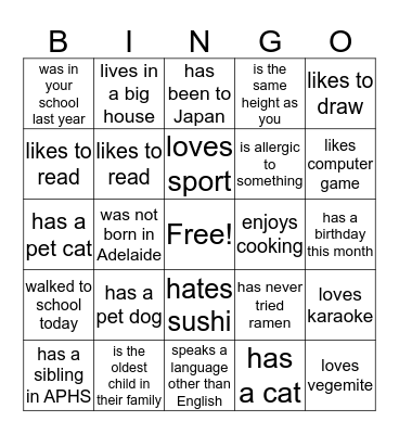 Find a classmate who..... Bingo Card