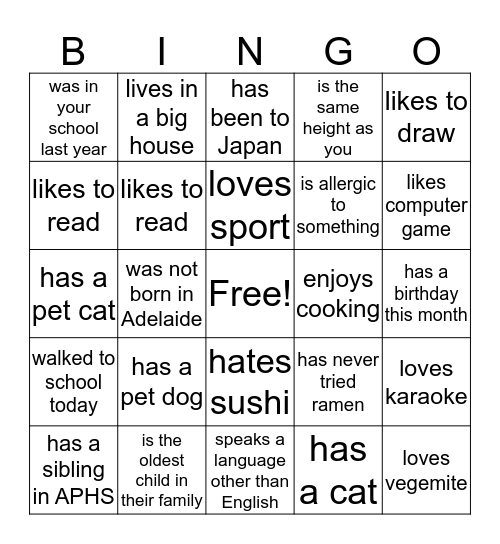 Find a classmate who..... Bingo Card