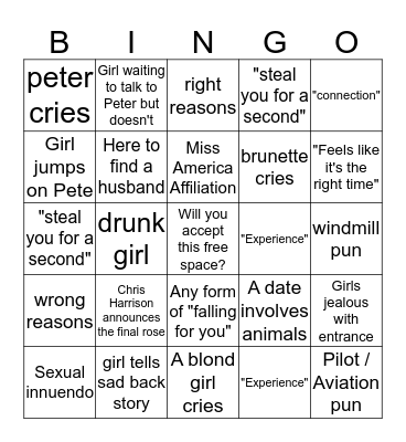 ~The Bachelor~ Pilot Pete Bingo  Bingo Card