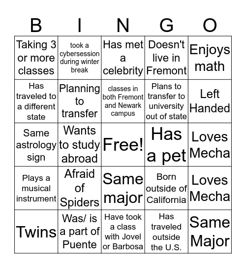 Find The Person Bingo Card