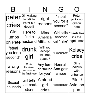 ~The Bachelor~ Pilot Pete Bingo  Bingo Card