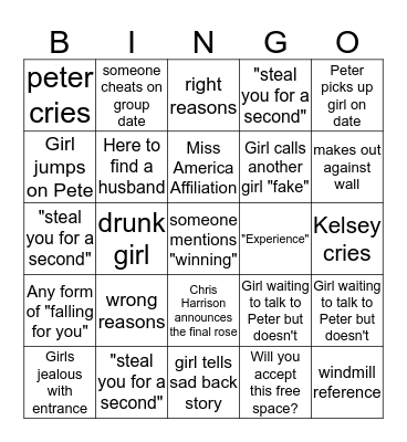 ~The Bachelor~ Pilot Pete Bingo  Bingo Card