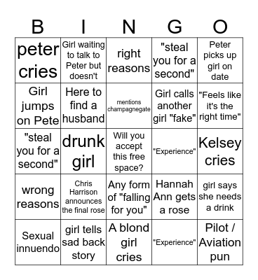 ~The Bachelor~ Pilot Pete Bingo  Bingo Card