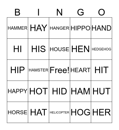 Letters that start with H Bingo Card