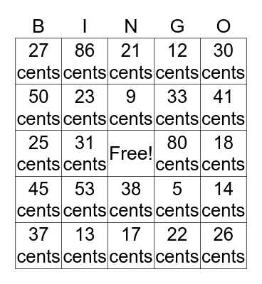 Counting Coins Bingo Card