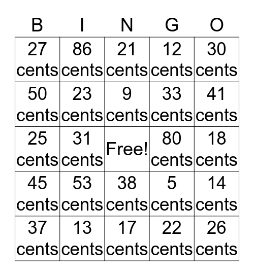 Counting Coins Bingo Card