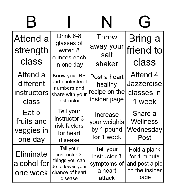 February Heart ChallengeJazzercise Bingo Card