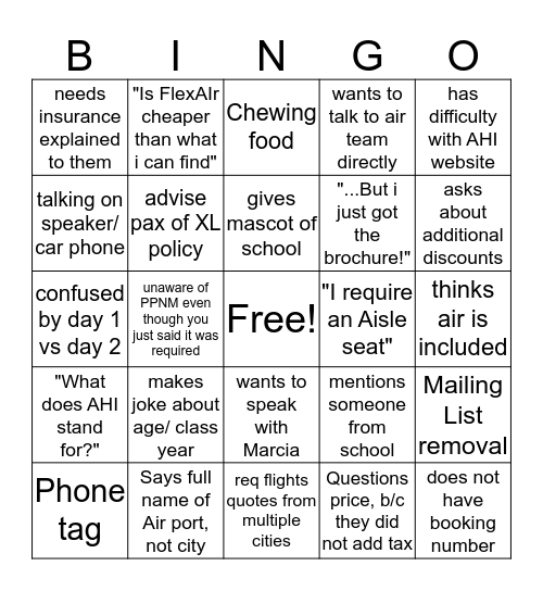 PAX SALES  Bingo Card