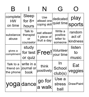 Mental Health Bingo Card