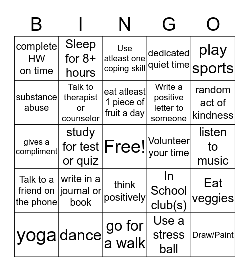 Mental Health Bingo Card