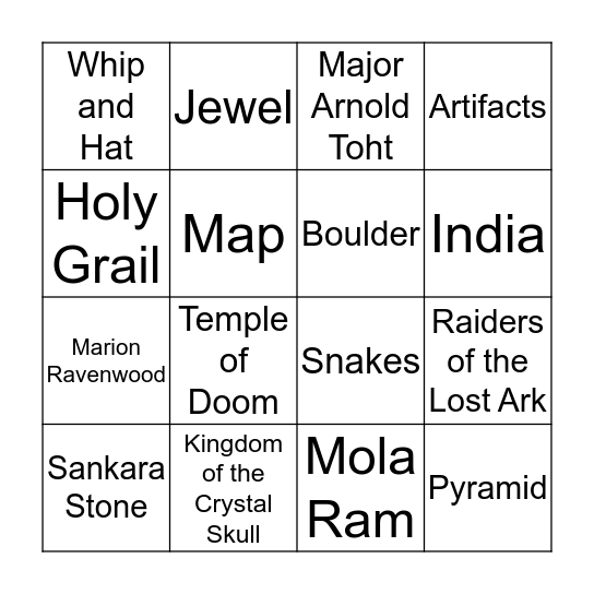 Indiana Jones Bingo Card