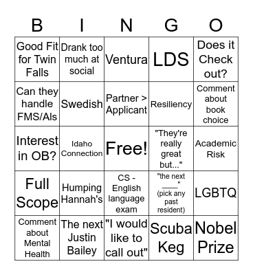 Rank Meeting Bingo Card
