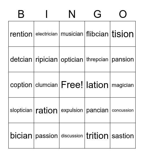 tion, sion, cian Bingo Card