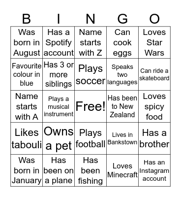 Classmate Bingo Card