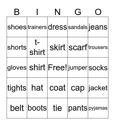 clothes Bingo Card