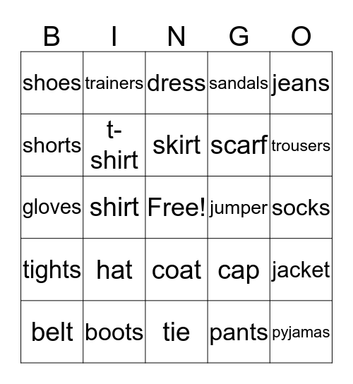 clothes Bingo Card