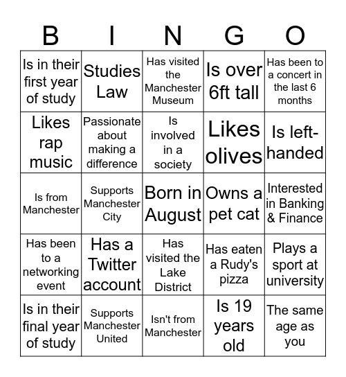 upReach & The University of Manchester Welcome Event Bingo Card