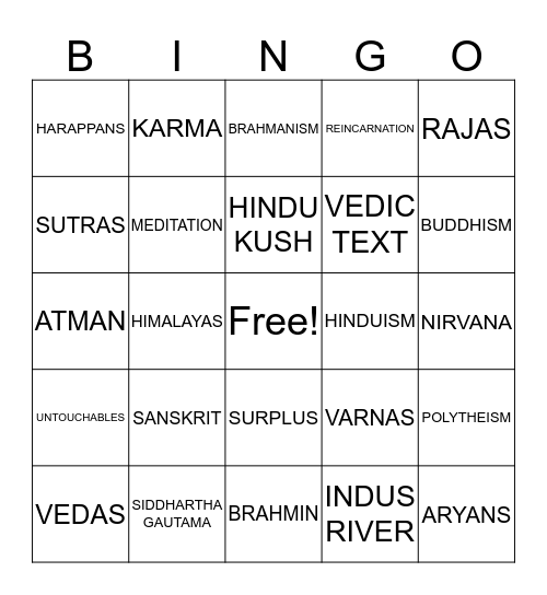 India Vocabulary Bingo Card