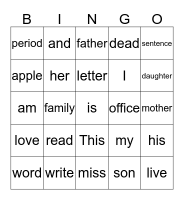 Reading and Writing Bingo Card