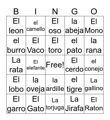 Animales  Bingo Card