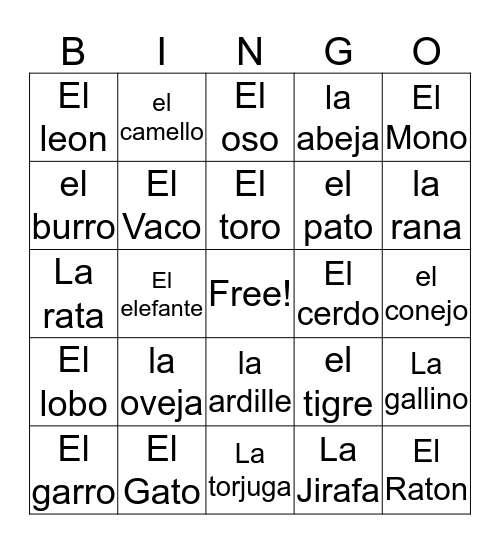 Animales  Bingo Card