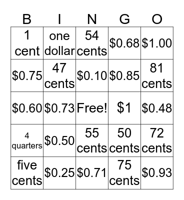 2nd Grade Money Bingo Card
