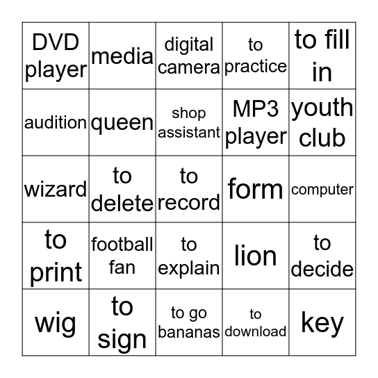 Vocabulary Unit 5 Bingo Card