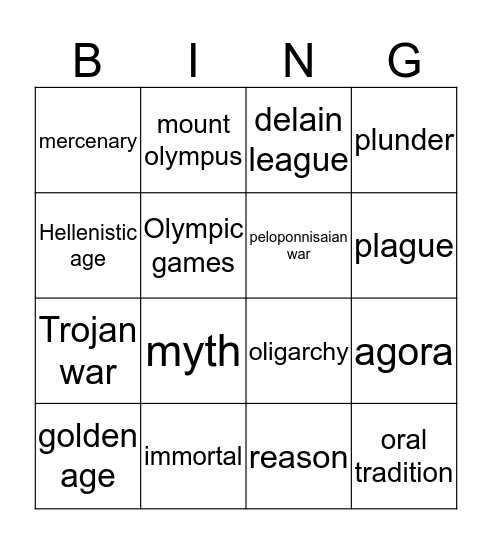 GREECE VOCAB Bingo Card