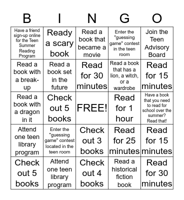 Teen Summer Reading Cuyahoga Falls Library Bingo Card