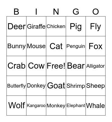 Animal Bingo Card